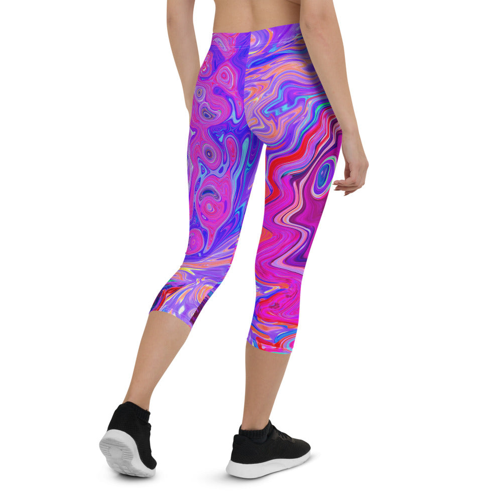Capri Leggings for Women, Retro Purple and Orange Abstract Groovy Swirl