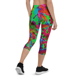 Capri Leggings for Women, Psychedelic Groovy Red and Green Wildflowers