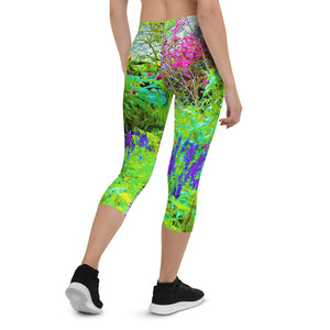 Capri Leggings for Women, Green Spring Garden Landscape with Peonies