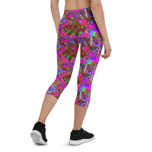 Capri Leggings for Women, Trippy Garden Quilt Painting with Lime Green Hydrangea