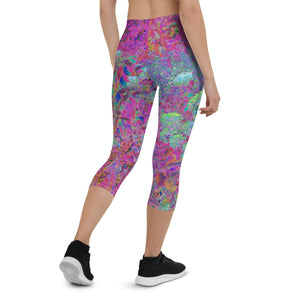 Colorful Floral Capri Leggings, Magenta Garden with Aqua Hydrangea Flowers