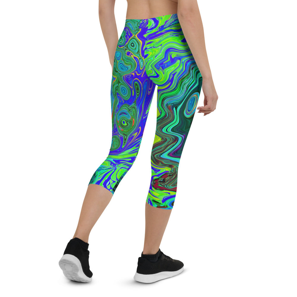 Colorful Capri Leggings for Women, Groovy Abstract Retro Green and Blue Swirl