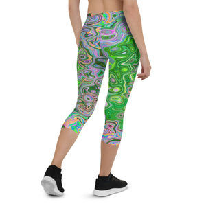 Colorful Capri Leggings for Women, Trippy Lime Green and Pink Abstract Retro Swirl