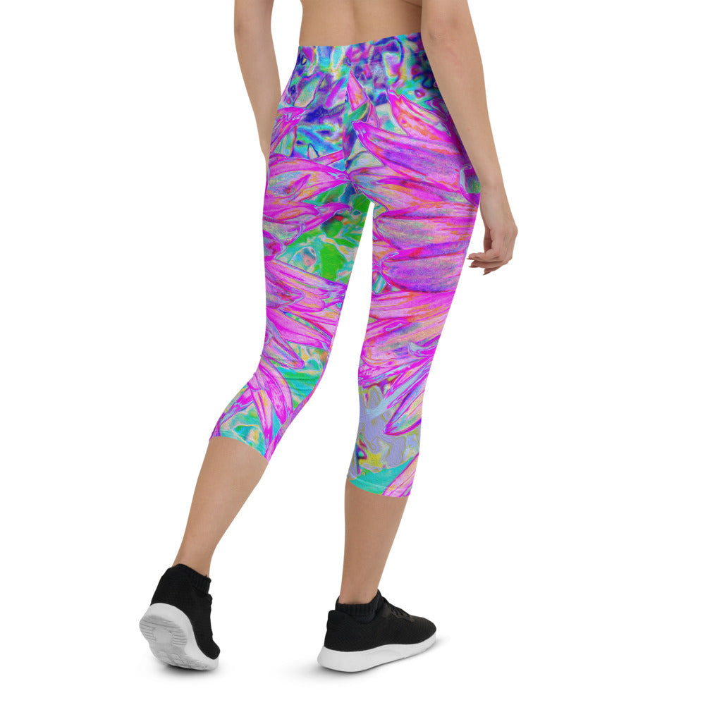 Capri Leggings for Women, Cool Pink Blue and Purple Artsy Dahlia Bloom