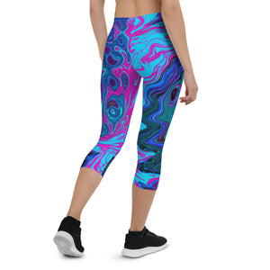 Capri Leggings for Women, Groovy Abstract Retro Blue and Purple Swirl