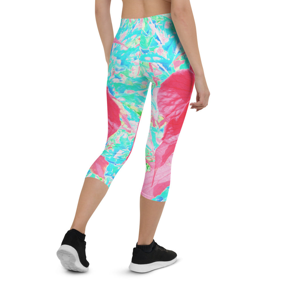 Capri Leggings for Women, Two Rosy Red Coral Plum Crazy Hibiscus on Aqua