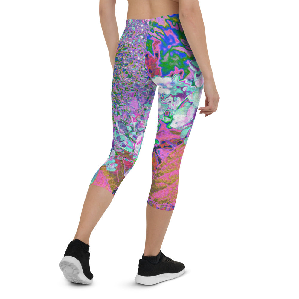 Capri Leggings for Women, Elegant Aqua and Purple Limelight Hydrangea Detail