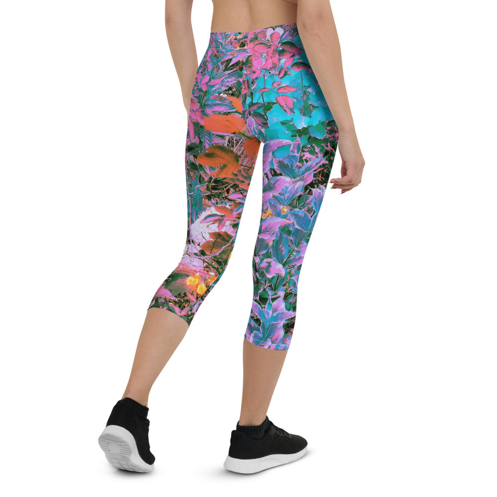 Capri Leggings for Women, Abstract Coral, Pink, Green and Aqua Garden Foliage