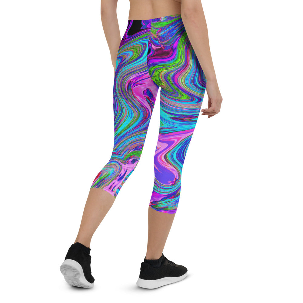 Capri Leggings for Women, Blue, Pink and Purple Groovy Abstract Retro Art