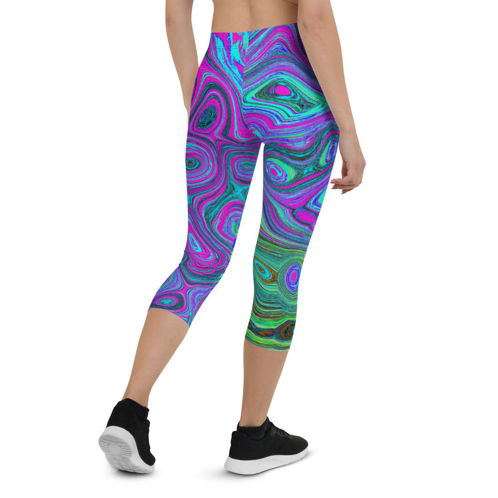 Capri Leggings for Women, Marbled Magenta and Lime Green Groovy Abstract Art