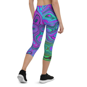 Capri Leggings for Women, Marbled Magenta and Lime Green Groovy Abstract Art