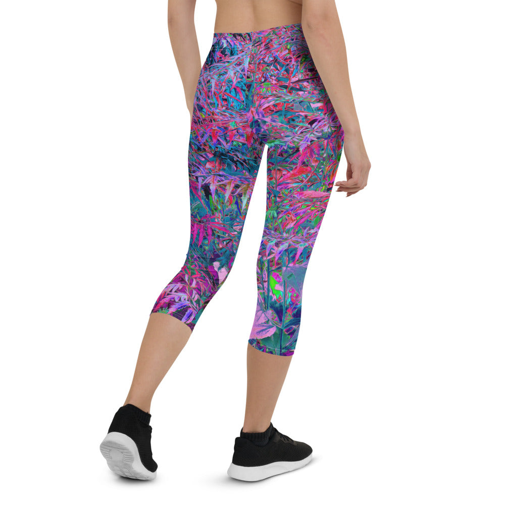 Capri Leggings for Women, Abstract Psychedelic Rainbow Colors Foliage Garden