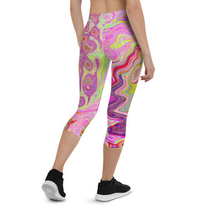 Capri Leggings for Women, Retro Pink, Yellow and Magenta Abstract Groovy Art