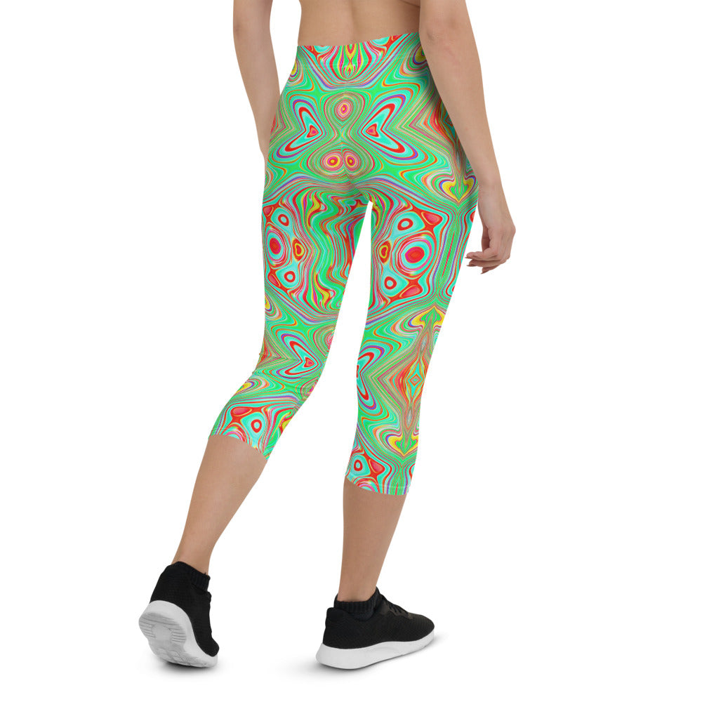 Capri Leggings for Women, Trippy Retro Orange and Lime Green Abstract Pattern