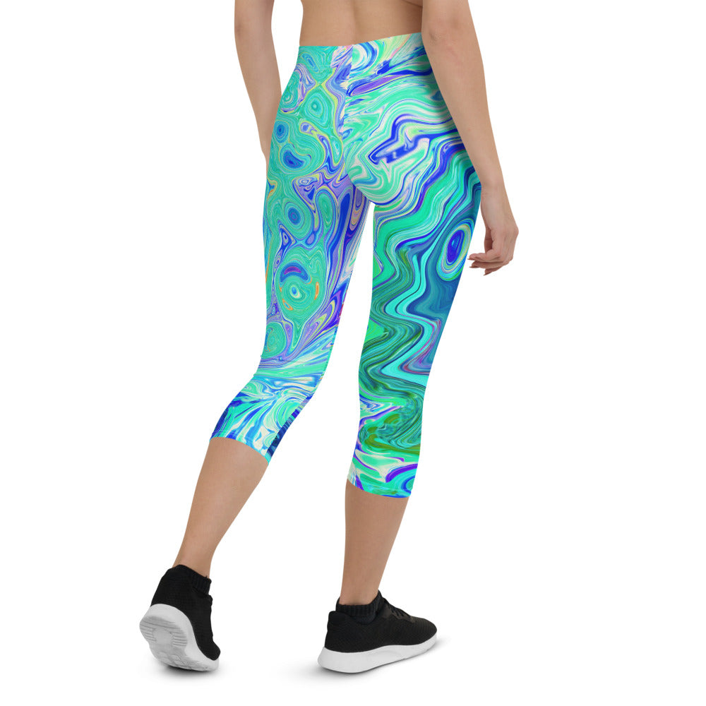 Capri Leggings for Women, Groovy Abstract Ocean Blue and Green Liquid Swirl