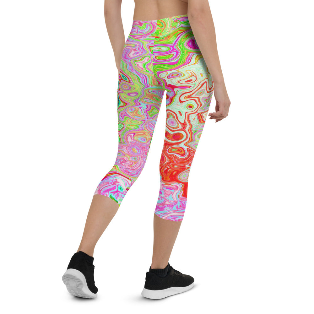 Capri Leggings for Women, Groovy Abstract Retro Pastel Green Liquid Swirl