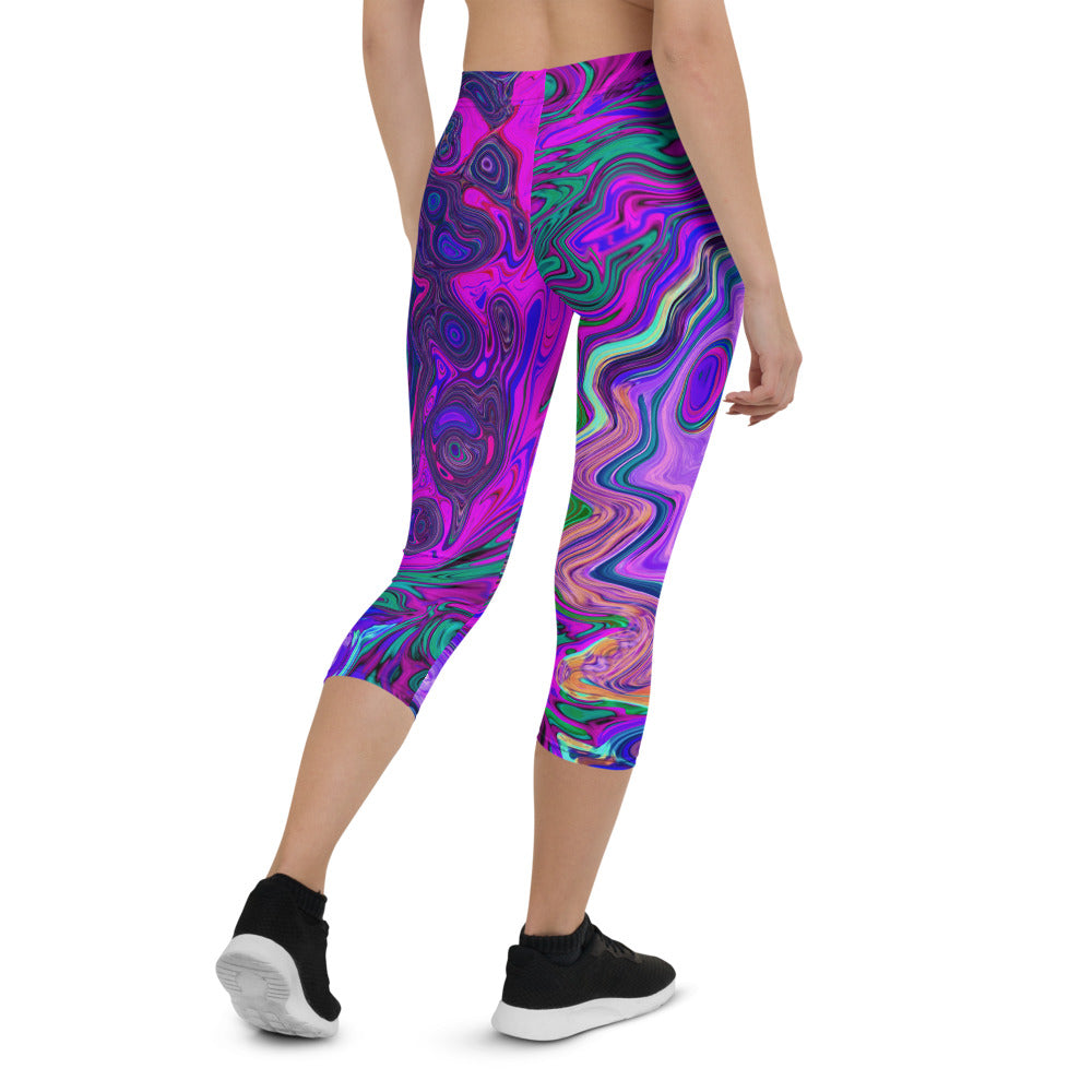 Capri Leggings for Women, Groovy Abstract Retro Magenta and Purple Swirl