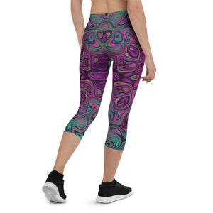 Capri Leggings for Women, Abstract Magenta and Teal Blue Groovy Retro Pattern