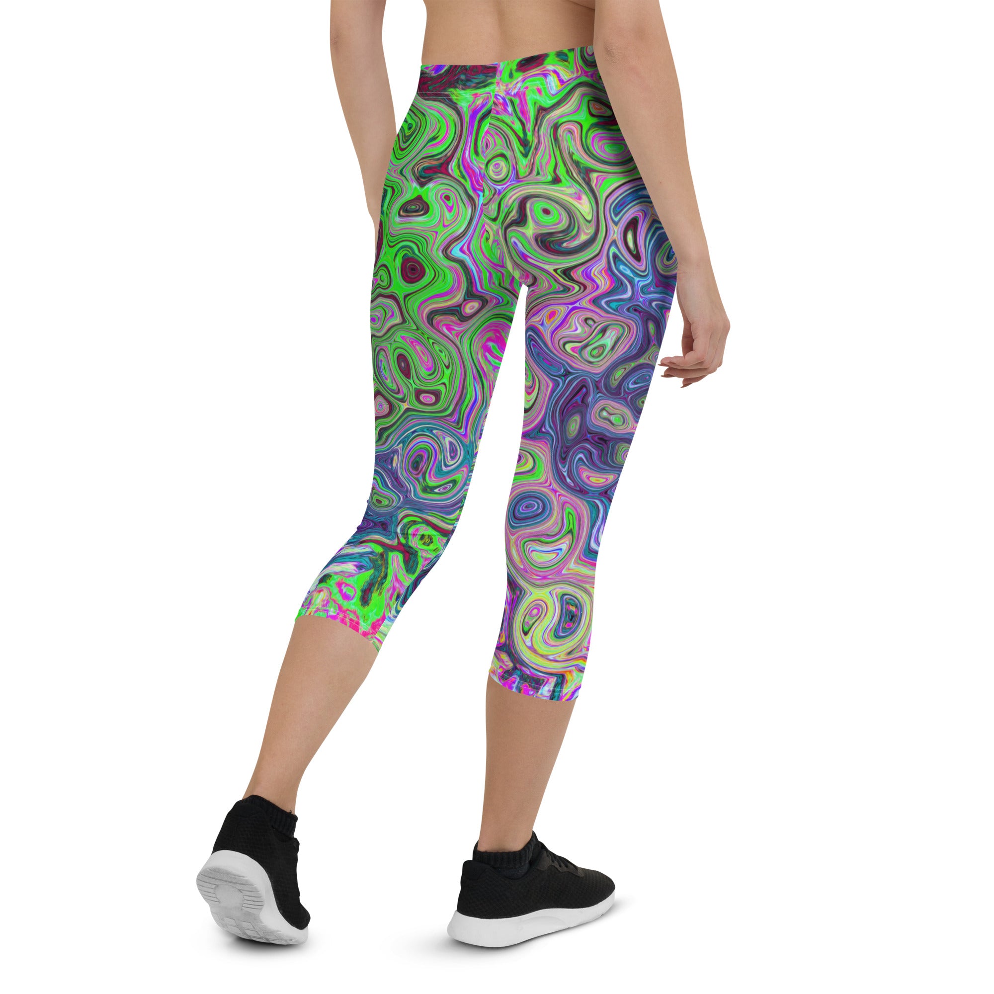 Capri Leggings for Women, Marbled Lime Green and Purple Abstract Retro Swirl