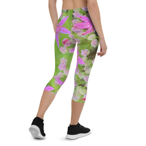 Capri Leggings for Women, Green Succulent Sedum with Hot Pink Flowers