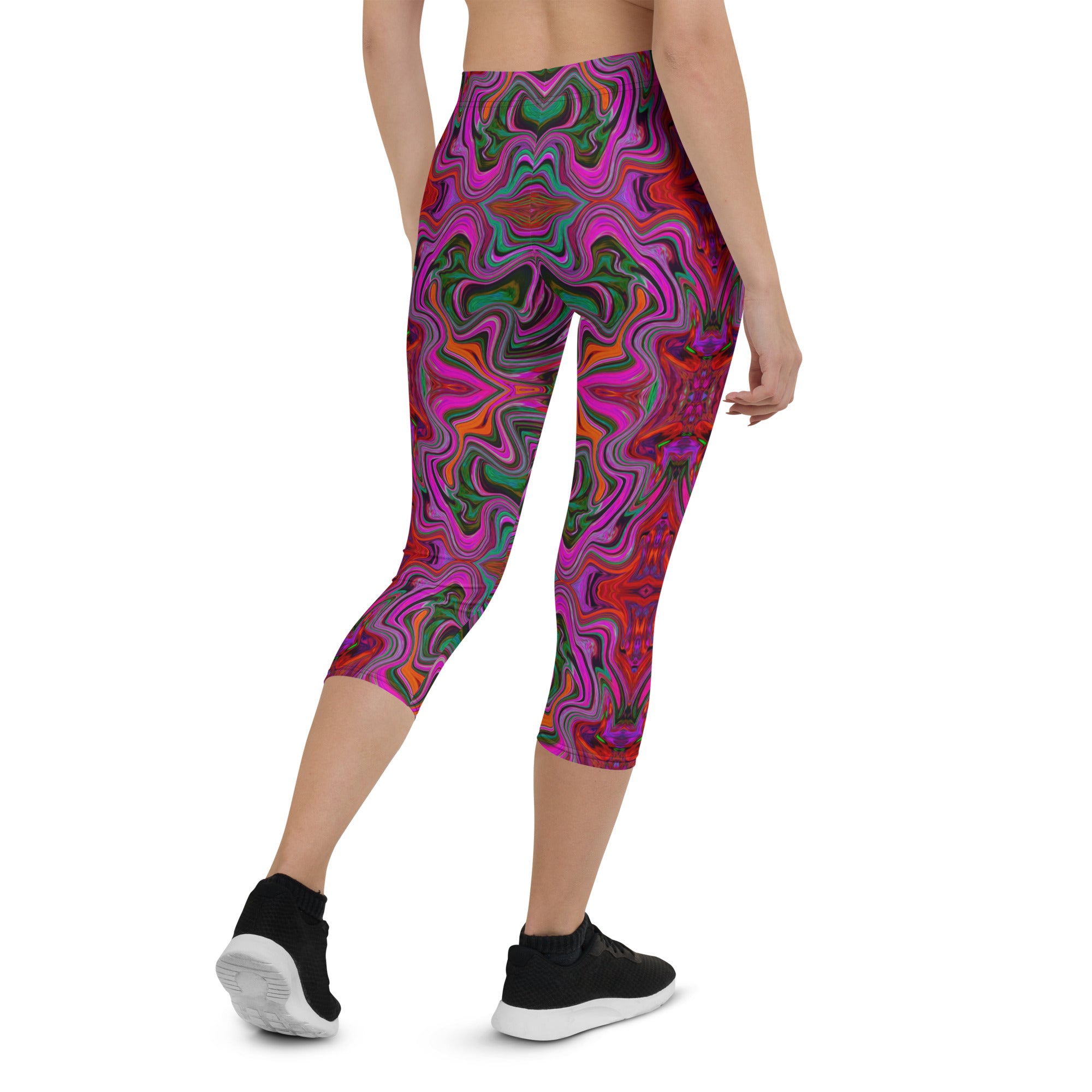 Capri Leggings for Women, Cool Trippy Magenta, Red and Green Wavy Pattern