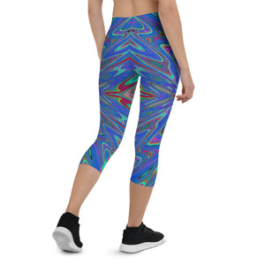 Capri Leggings, Trippy Retro Blue and Red Abstract Butterfly