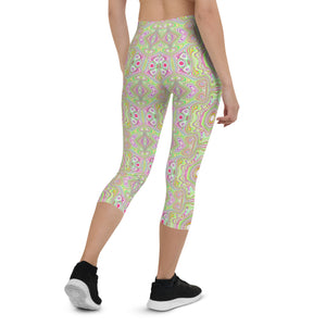 Capri Leggings - Trippy Retro Pink and Lime Green Abstract Pattern