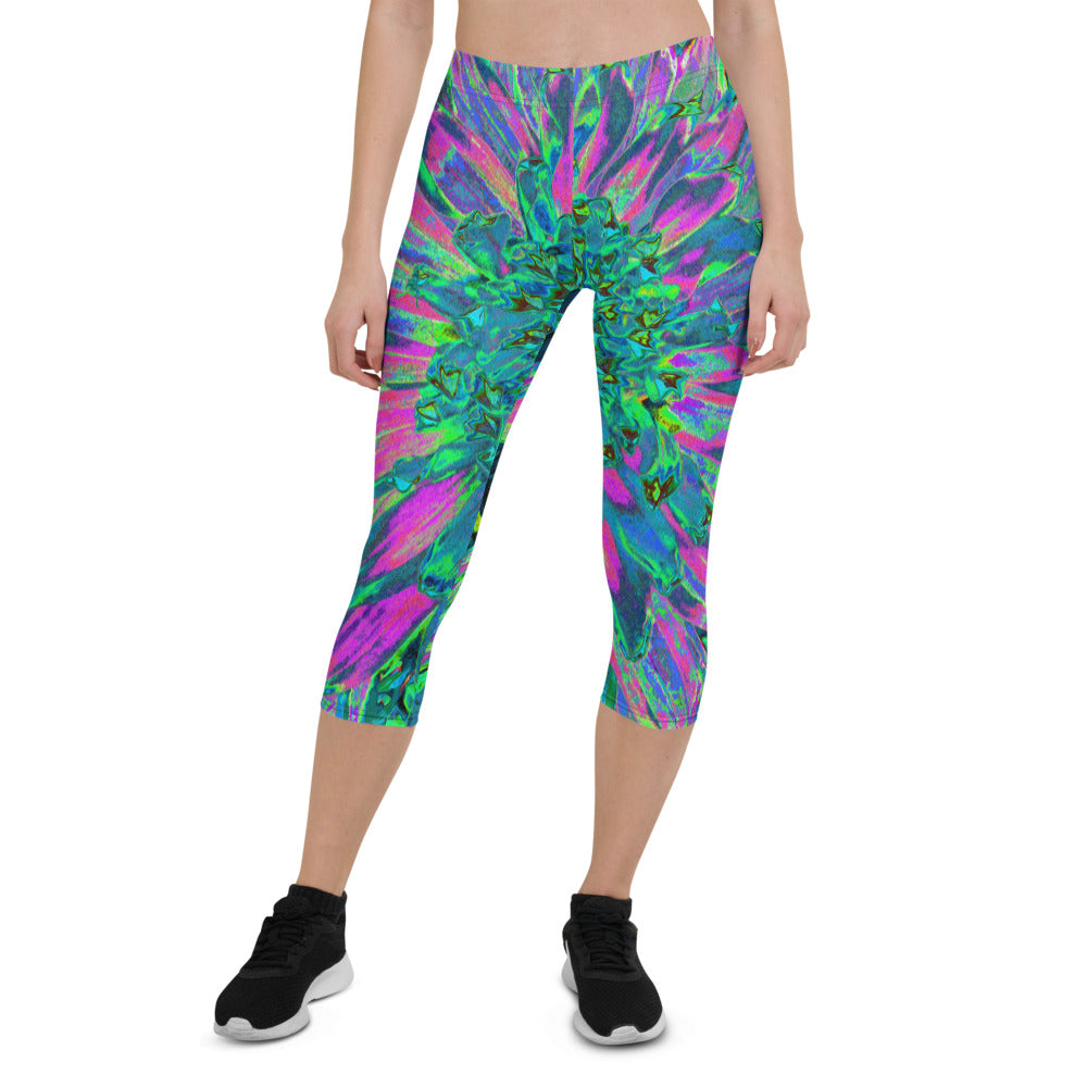 Capri Leggings for Women, Psychedelic Magenta, Aqua and Lime Green Dahlia