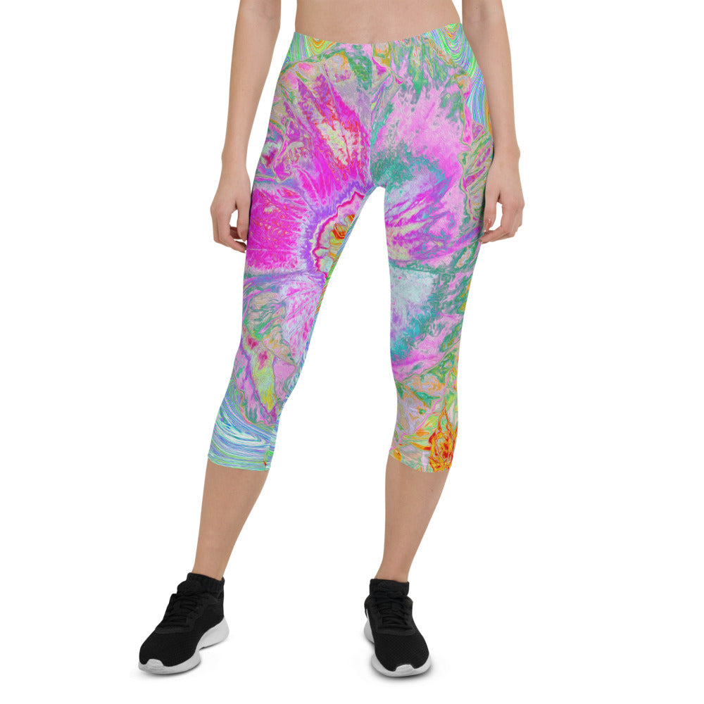 Capri Leggings for Women, Psychedelic Hot Pink and Ultra-Violet Hibiscus