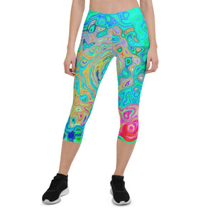 Colorful Capri Leggings for Women, Groovy Abstract Retro Rainbow Liquid Swirl