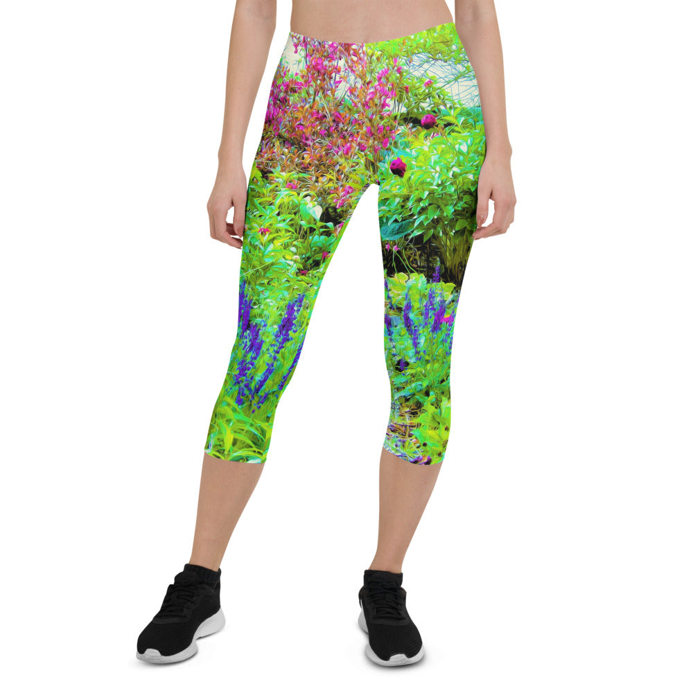 Capri Leggings for Women, Green Spring Garden Landscape with Peonies