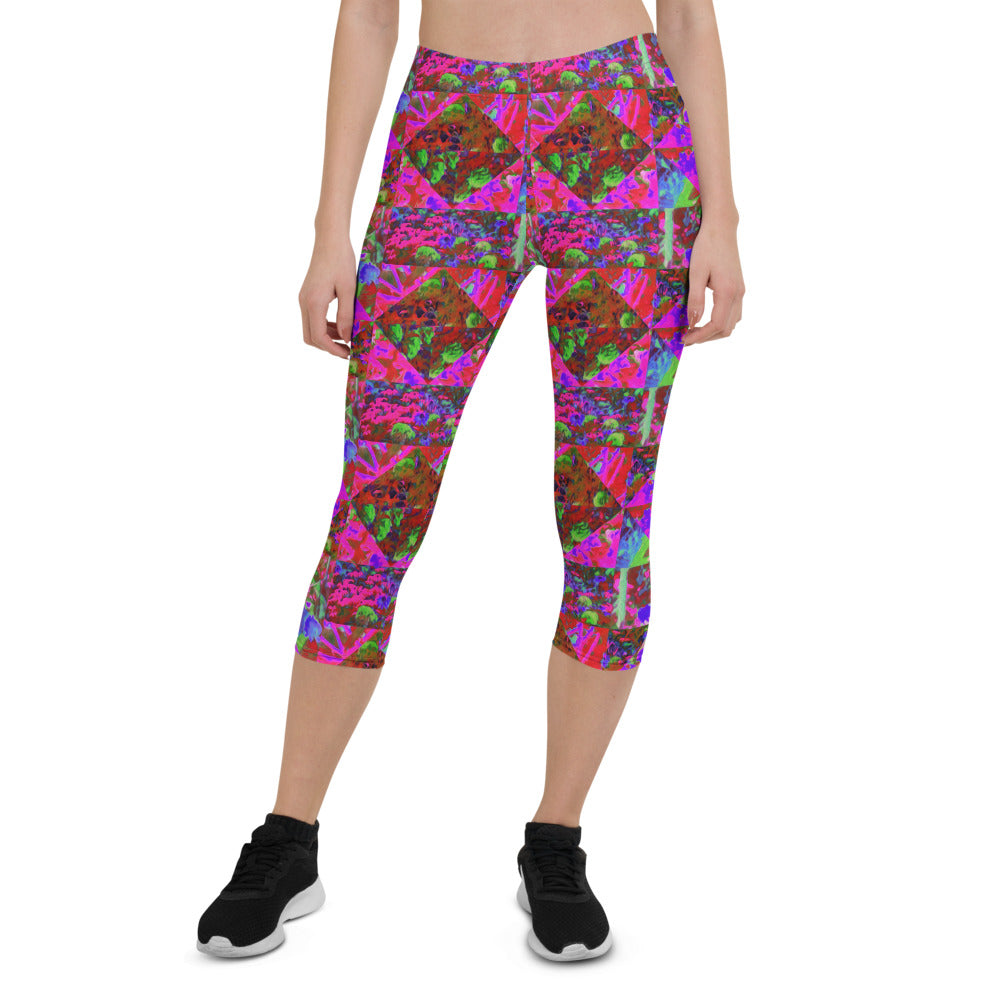 Capri Leggings for Women, Trippy Garden Quilt Painting with Lime Green Hydrangea