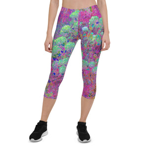 Colorful Floral Capri Leggings, Magenta Garden with Aqua Hydrangea Flowers