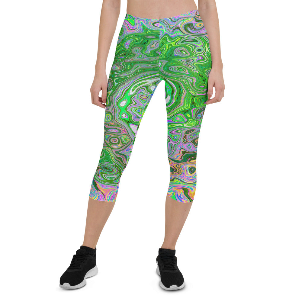 Colorful Capri Leggings for Women, Trippy Lime Green and Pink Abstract Retro Swirl