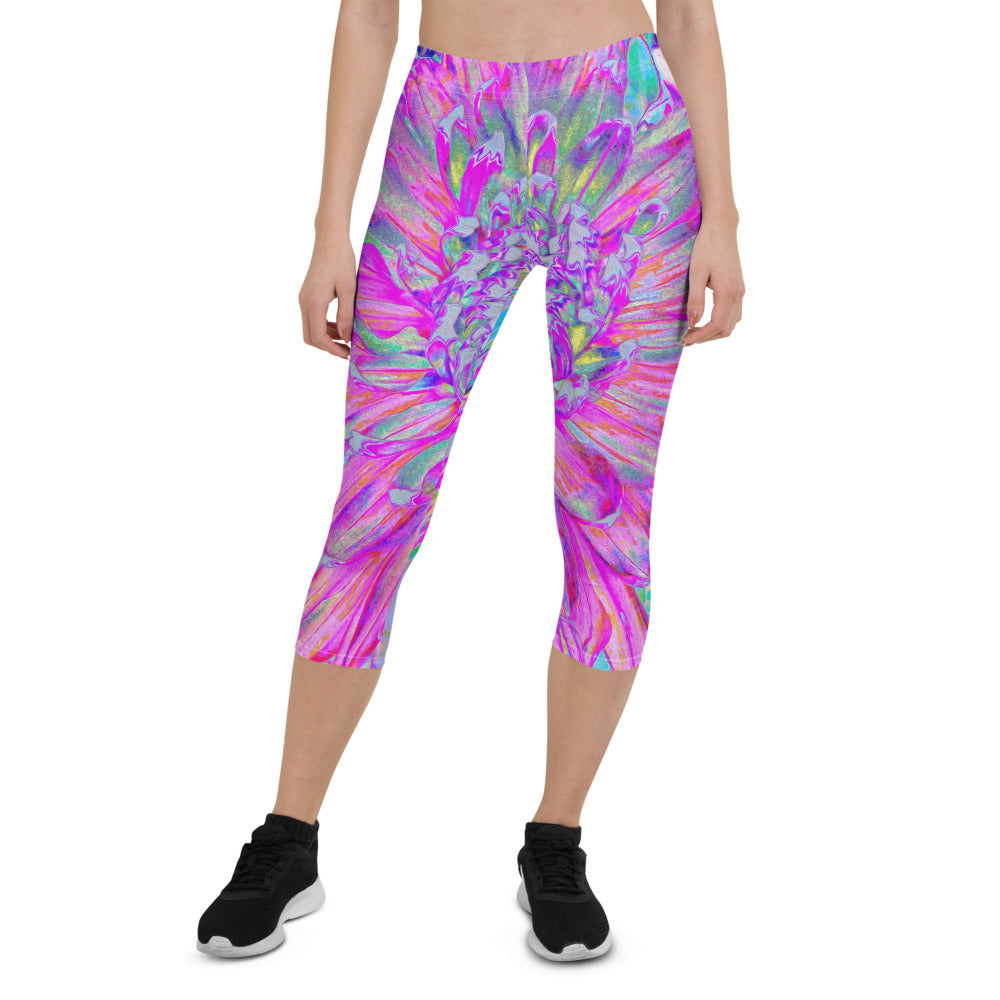 Capri Leggings for Women, Cool Pink Blue and Purple Artsy Dahlia Bloom