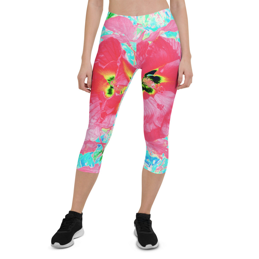 Capri Leggings for Women, Two Rosy Red Coral Plum Crazy Hibiscus on Aqua