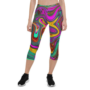 Capri Leggings for Women, Marbled Hot Pink and Sea Foam Green Abstract Art