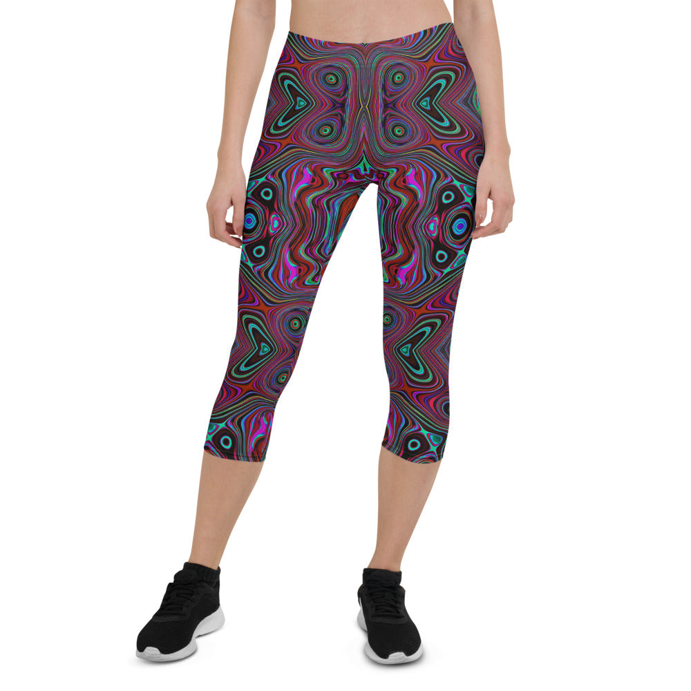 Capri Leggings for Women, Trippy Seafoam Green and Magenta Abstract Pattern