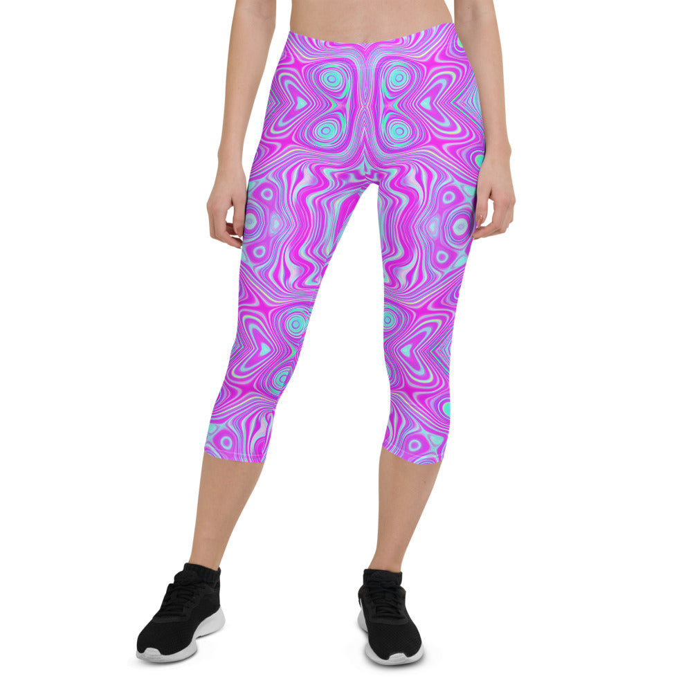 Capri Leggings for Women, Trippy Hot Pink and Aqua Blue Abstract Pattern