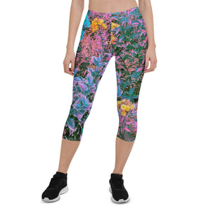 Capri Leggings for Women, Abstract Coral, Pink, Green and Aqua Garden Foliage