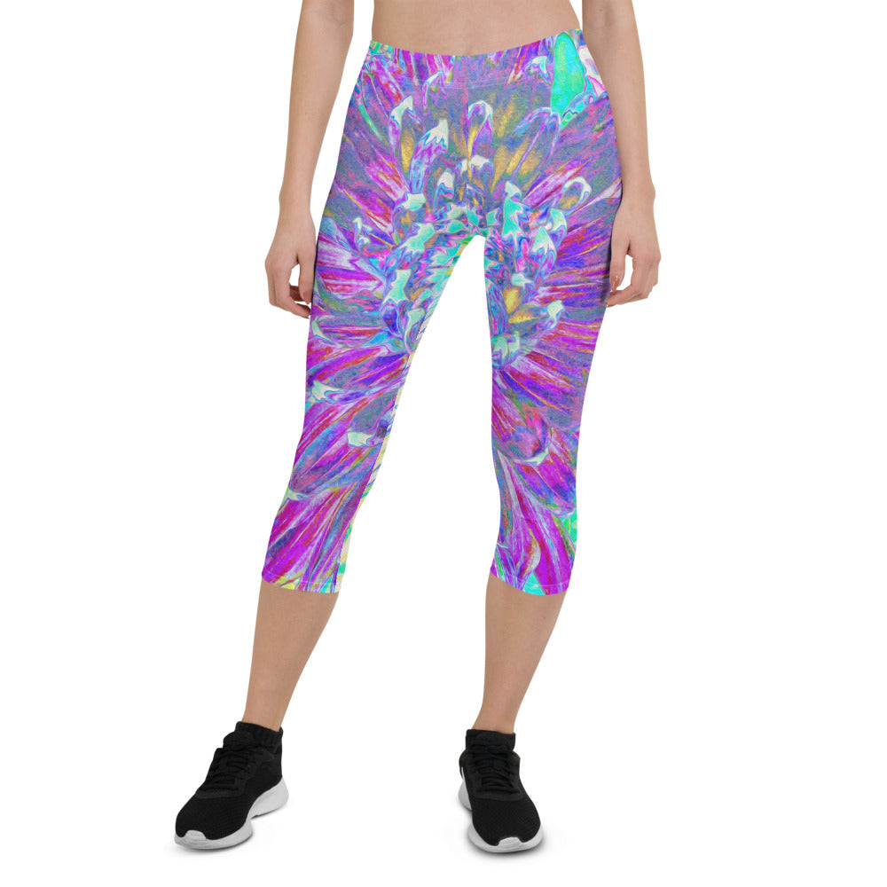 Capri Leggings for Women, Purple and Robin's Egg Blue Decorative Dahlia