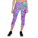 Capri Leggings for Women, Purple and Robin's Egg Blue Decorative Dahlia