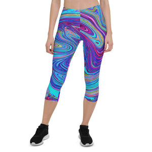 Capri Leggings for Women, Blue, Pink and Purple Groovy Abstract Retro Art