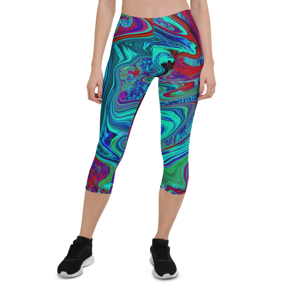 Capri Leggings for Women, Groovy Abstract Retro Art in Blue and Red