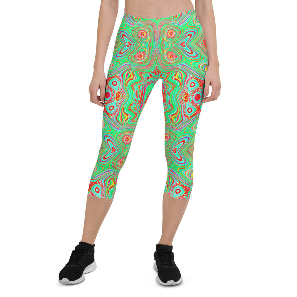 Capri Leggings for Women, Trippy Retro Orange and Lime Green Abstract Pattern