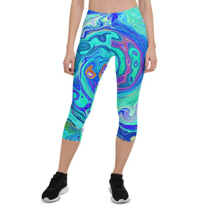 Capri Leggings for Women, Groovy Abstract Ocean Blue and Green Liquid Swirl