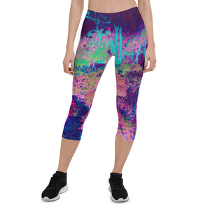 Capri Leggings for Women, Impressionistic Purple and Hot Pink Garden Landscape