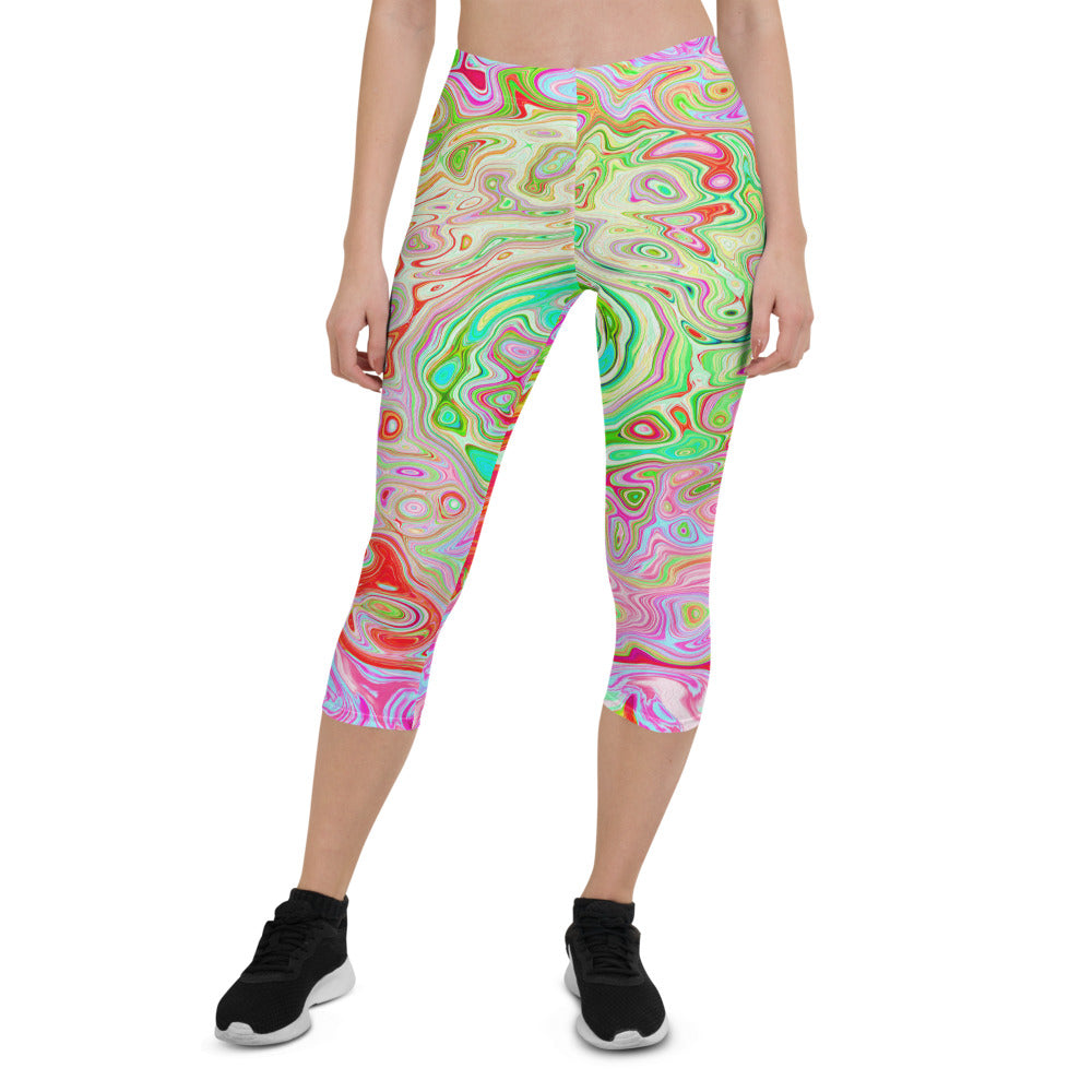 Capri Leggings for Women, Groovy Abstract Retro Pastel Green Liquid Swirl