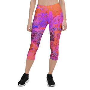 Capri Leggings for Women, Trippy Magenta and Orange Impressionistic Garden