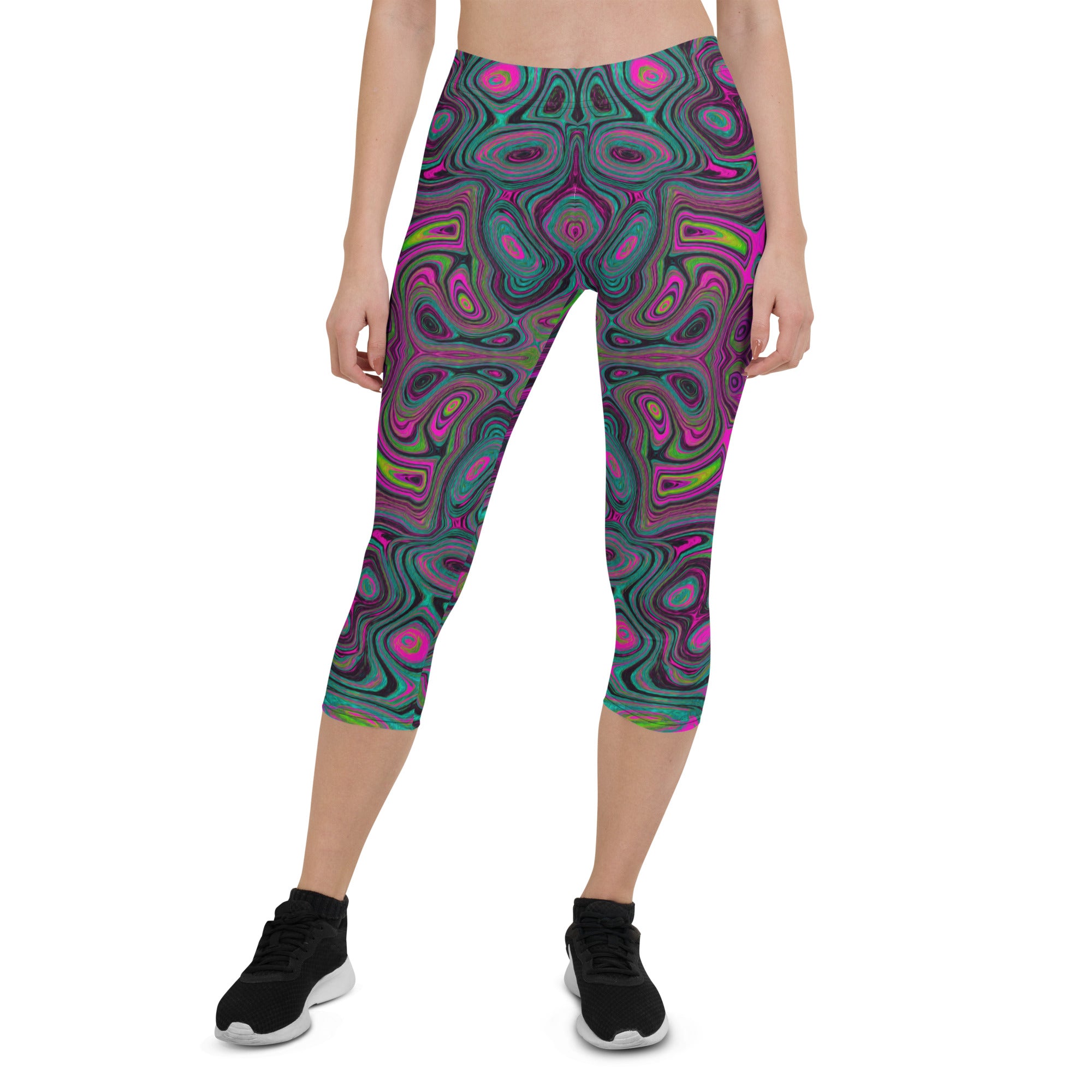 Capri Leggings for Women, Abstract Magenta and Teal Blue Groovy Retro Pattern